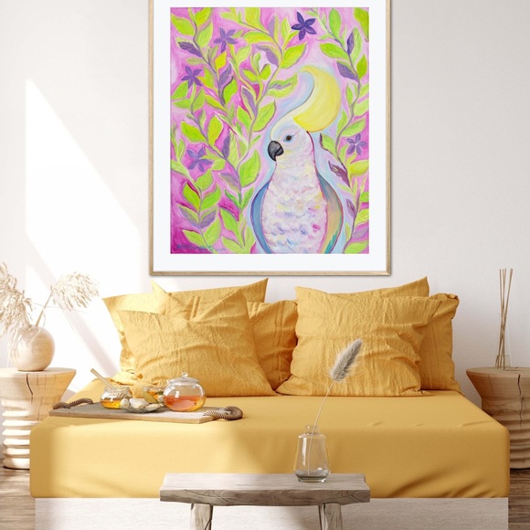 Cockatoo Hairdo Art Print Oil Painting tropical bird plants flowers whimsical - Picture 9 of 10